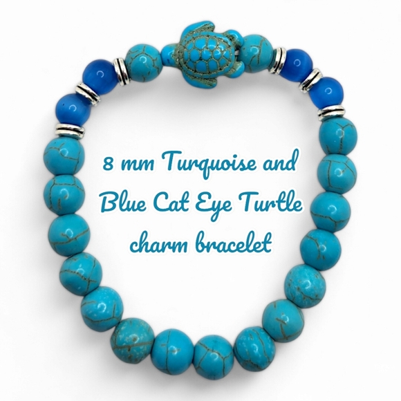 8 mm Turquoise and Blue Cat Eye bracelet with Turtle charm - Picture 1 of 4